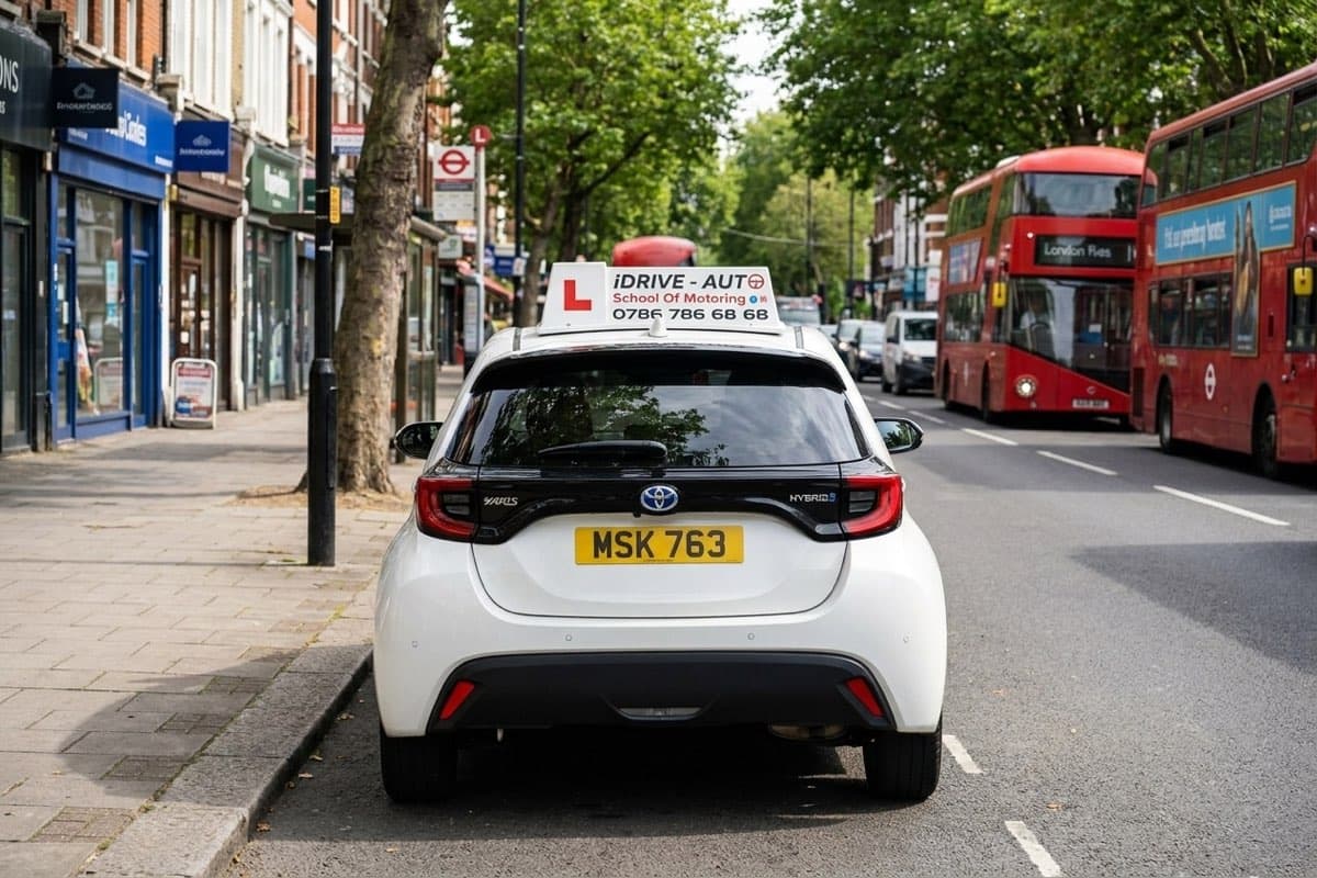 iDrive Auto driving school car on Chiswick High Road, ready for driving lessons in Chiswick